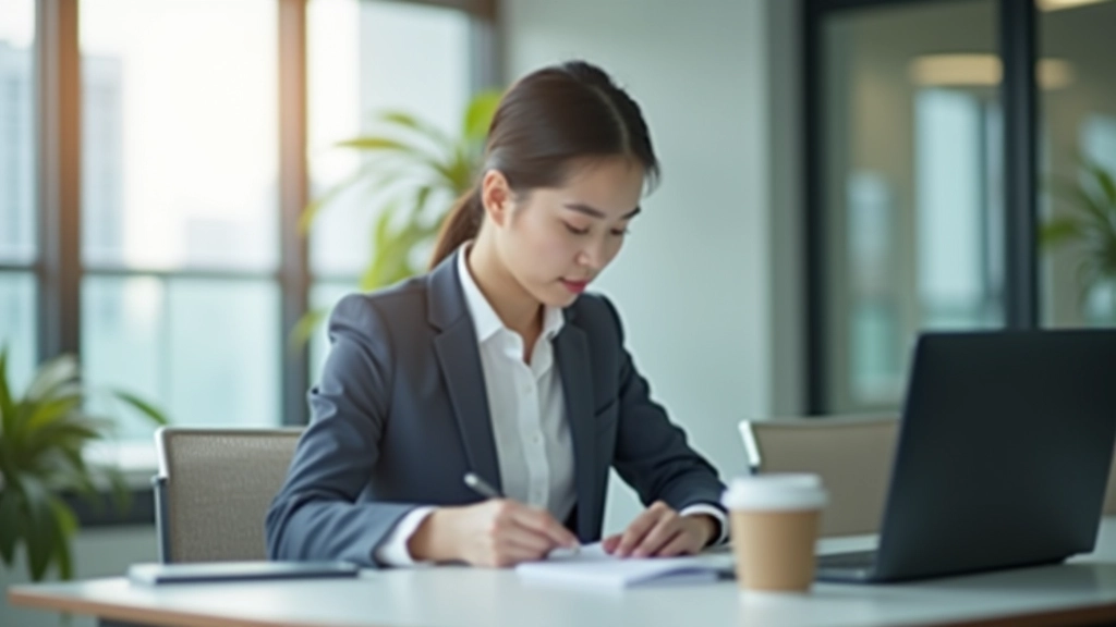 Professional woman reviewing morning planning notes at desk
