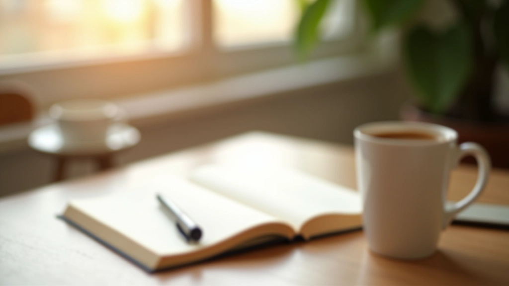 Desk setup with journal, coffee cup, and morning planning materials in organized arrangement