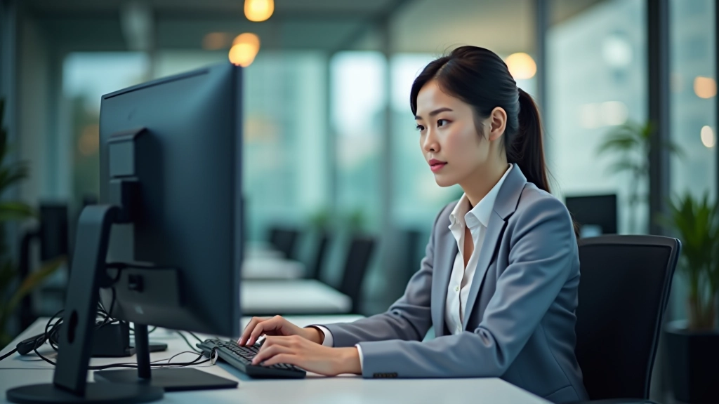 Busy Hong Kong office worker at desk managing multiple tasks and emails