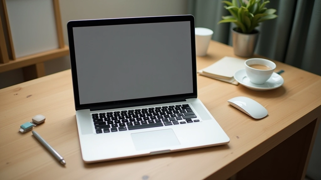 Laptop and water bottle on clean desk, minimalist workspace setup