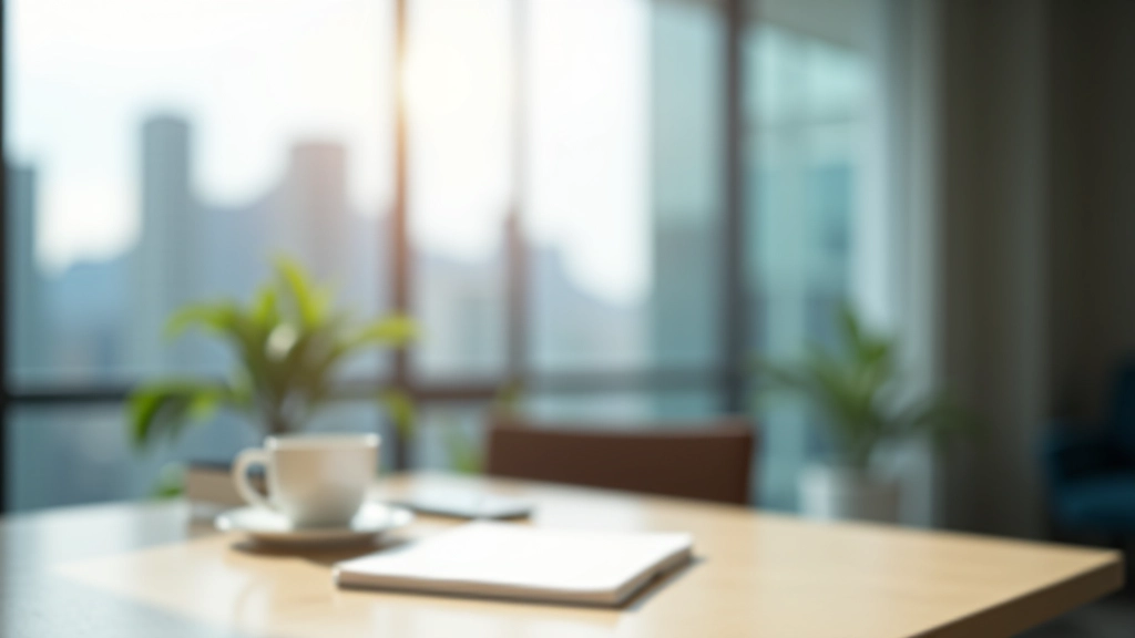 Modern office workspace in Central Hong Kong with morning light streaming through windows, professional environment with organized desk setup and morning coffee, sharp focus
