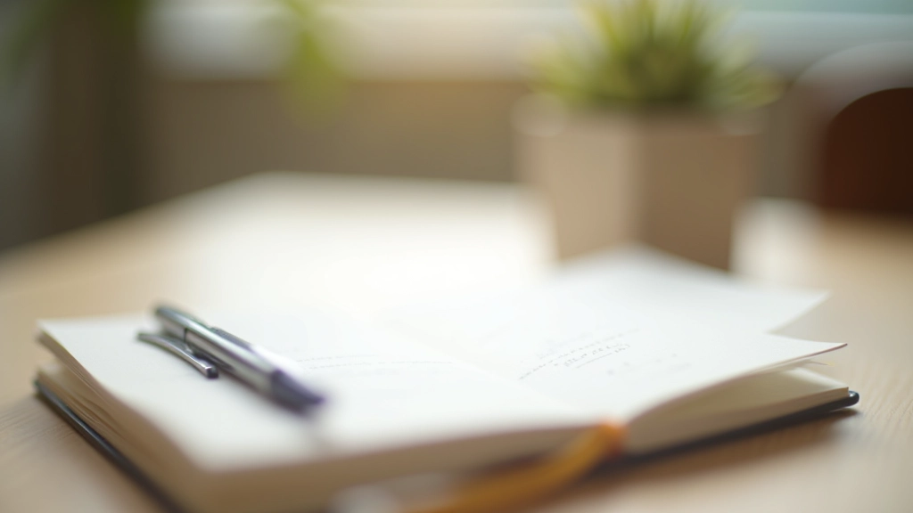 Notebook with handwritten notes and pen on desk, morning light, organized planning layout