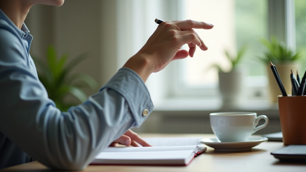 Person reviewing notes in journal with coffee, reflecting on weekly progress