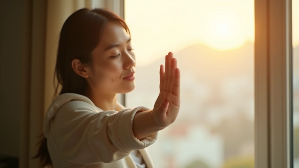 Person stretching by window in early morning, wellness and energy