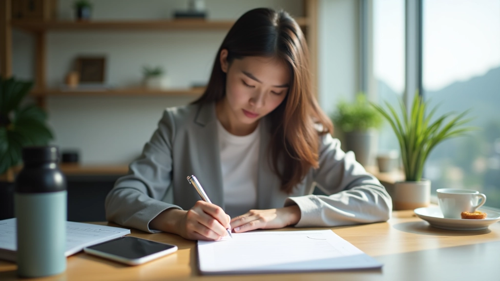 Person writing in a planner at a desk with organized morning routine setup