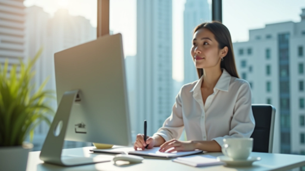 Professional Asian woman in business attire at organized morning workspace, planning and preparing for the day, natural morning light, focused and determined expression, modern Hong Kong office setting