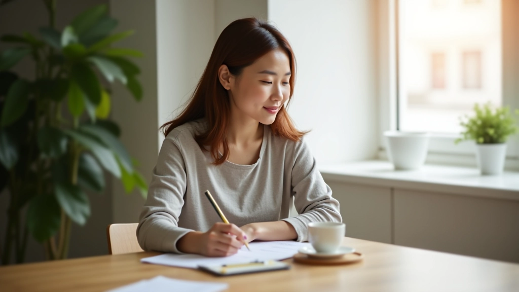 Person sitting peacefully at desk in early morning light, coffee cup nearby, calm focused expression