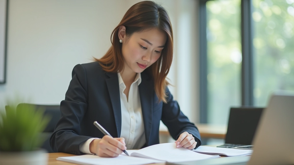 Person in business attire reviewing notes and planning at morning time in modern office