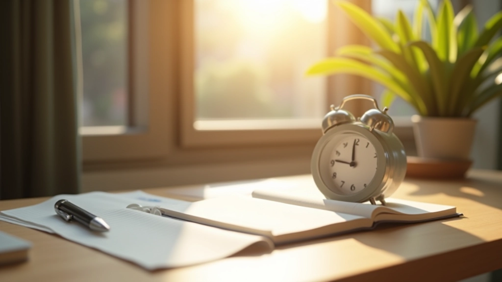 Alarm clock and notebook on wooden desk with morning sunlight streaming through window